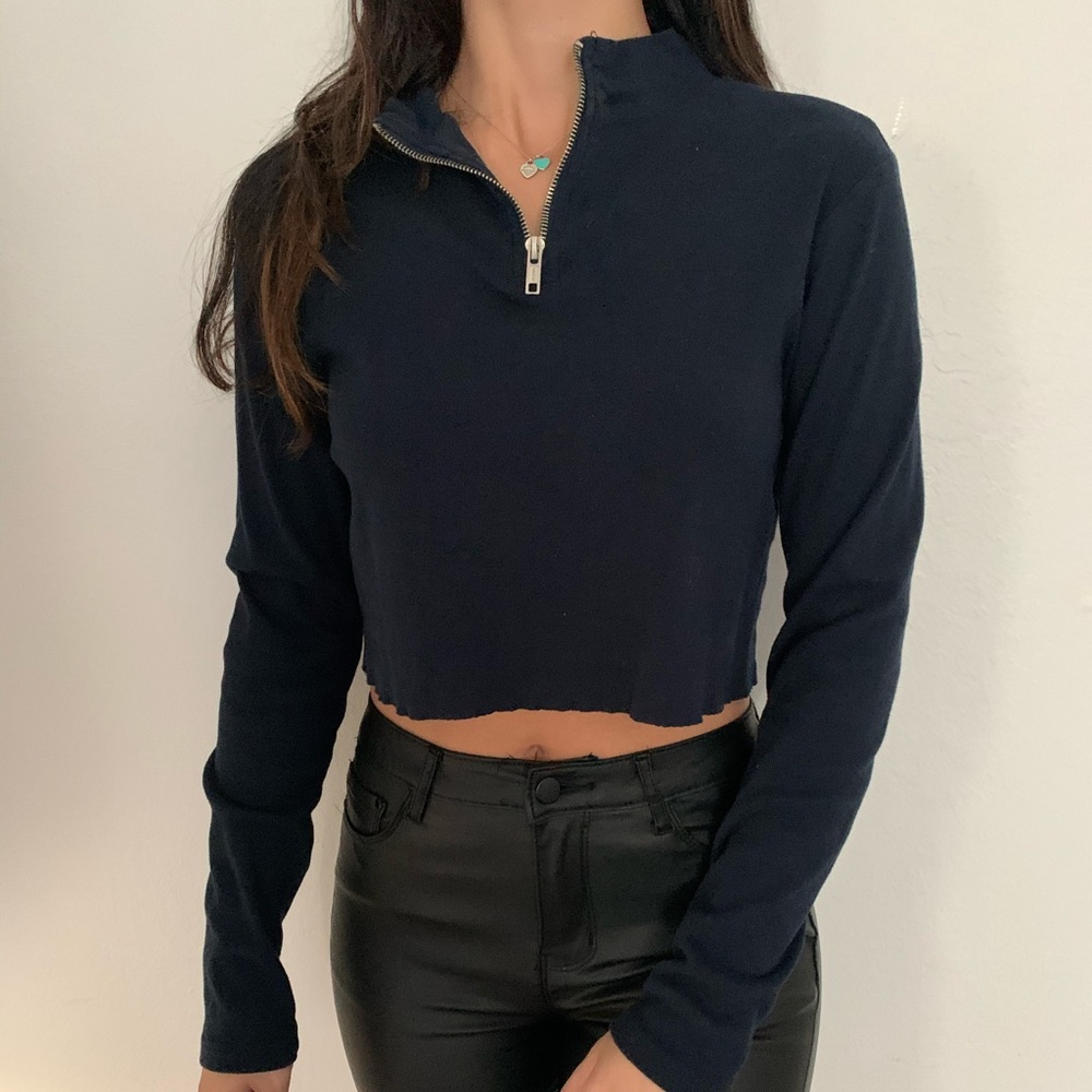 brandy melville navy half zip long sleeve top - Picture 1 of 7